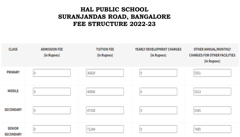 HAL Public School fees