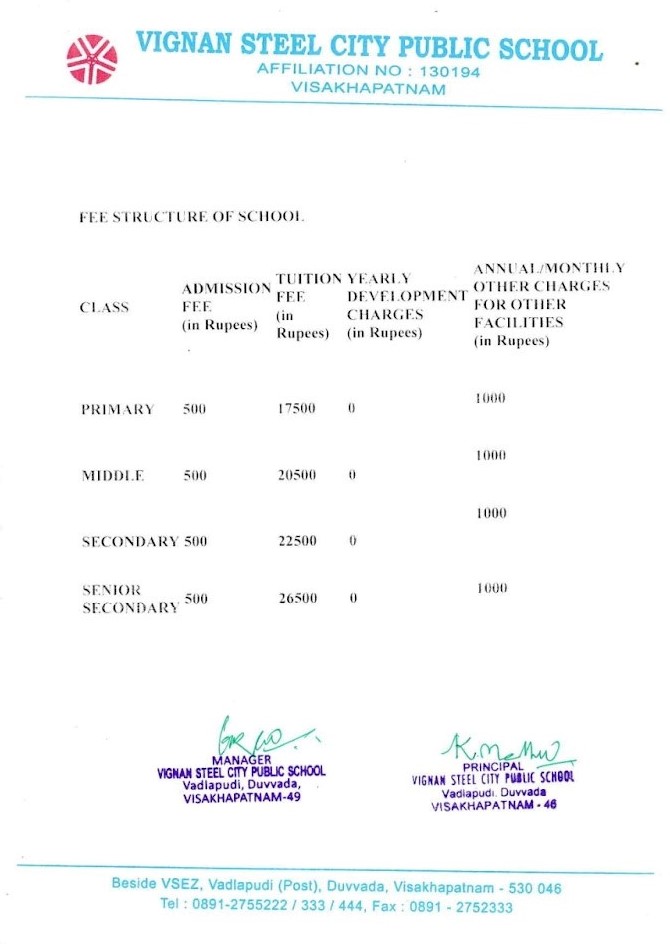 Vignan Steel City Public School fees structure