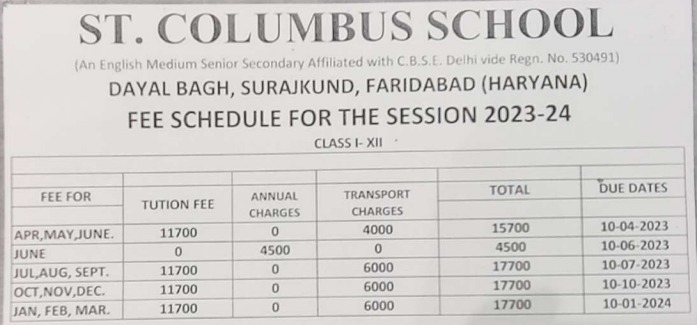 ST. Columbus School fee